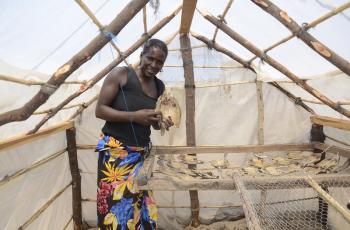 A woman processor holds dried fish in a solar tent dryer in Senanga District, Zambia. Photo by Olek Kaminski. 