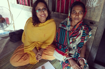 Afrina Choudhury (left) conducting an in-depth interview in Khulna, Bangladesh. Photo by Md. Mezbah Uddin.