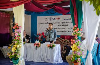 Timor-Leste Prime Minister Taur Matan Ruak addressing the more than 300 guests at the Fish Harvesting Ceremony and Farmer Field Day on 12 August 2022 in Leohitu, Bobonaro. Photo by Shandy Santos.