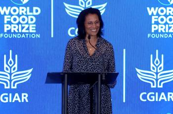 World Food Prize Laureate Shakuntala Thilsted congratulates CGIAR for 50 years of innovation at CGIAR’s 50th Anniversary celebration. Photo is screenshot of virtual proceedings.