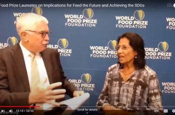 World Food Prize Laureates Dr. Shakuntala Haraksingh Thilsted (2021) and Dr. Rattan Lal (2020) for a conversation with Dr. Rob Bertram, Chief Scientist, and Mr. Mike Michener