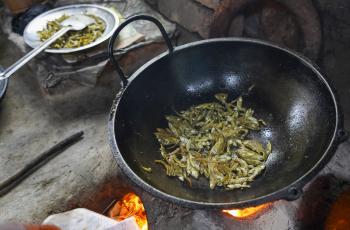 Frying Moja fish to mashed for mixing with khichuri including its head and eyes as part of cooking demonstrations. Photo by WorldFish.