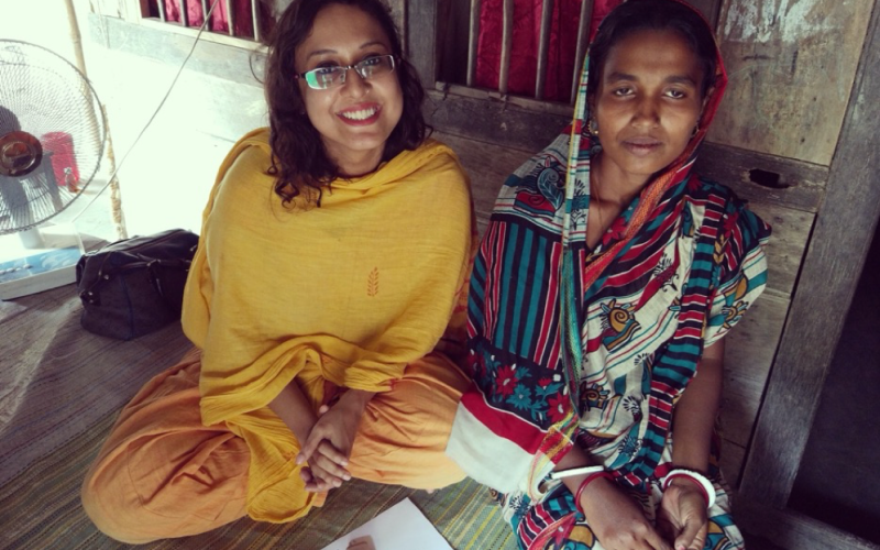 Afrina Choudhury (left) conducting an in-depth interview in Khulna, Bangladesh. Photo by Md. Mezbah Uddin.