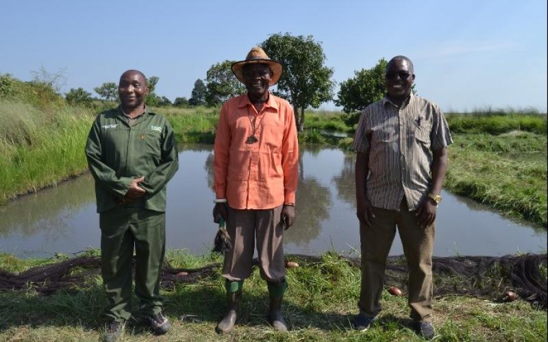 From left to right: Reuben Banda, the Managing Director of Musika; His Royal Highness Chief Chabula of Lupososhi District; and Dr. Victor Siamudaala, WorldFish Country Director for Zambia and Southern Africa