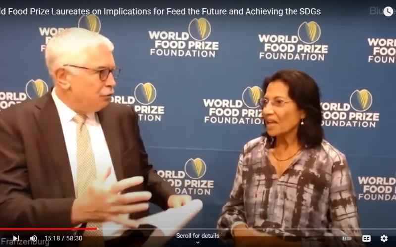 World Food Prize Laureates Dr. Shakuntala Haraksingh Thilsted (2021) and Dr. Rattan Lal (2020) for a conversation with Dr. Rob Bertram, Chief Scientist, and Mr. Mike Michener
