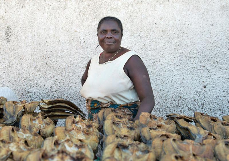 Fish retailer at Mongu Central Market, Zambia. Photo by Anna Fawcus.