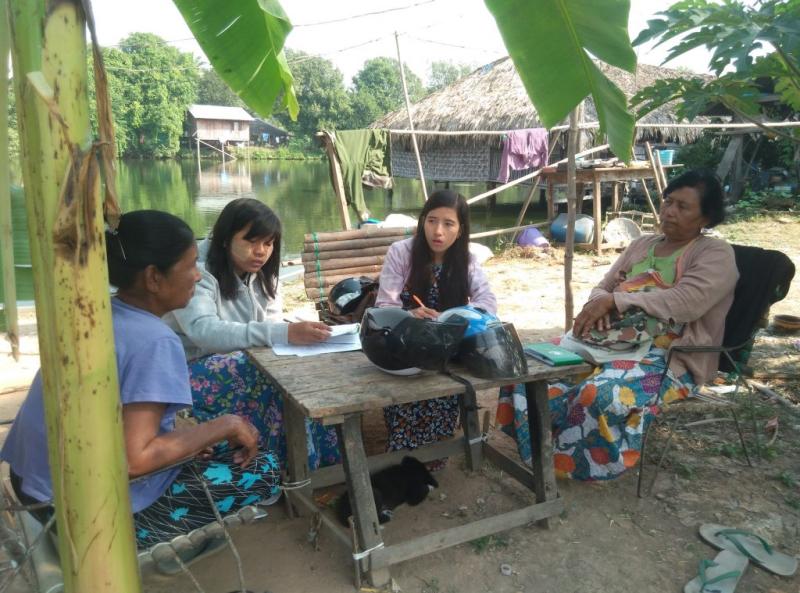 Mandalay University students collecting aquaculture systems data. Photo by Girija Page, 2018.