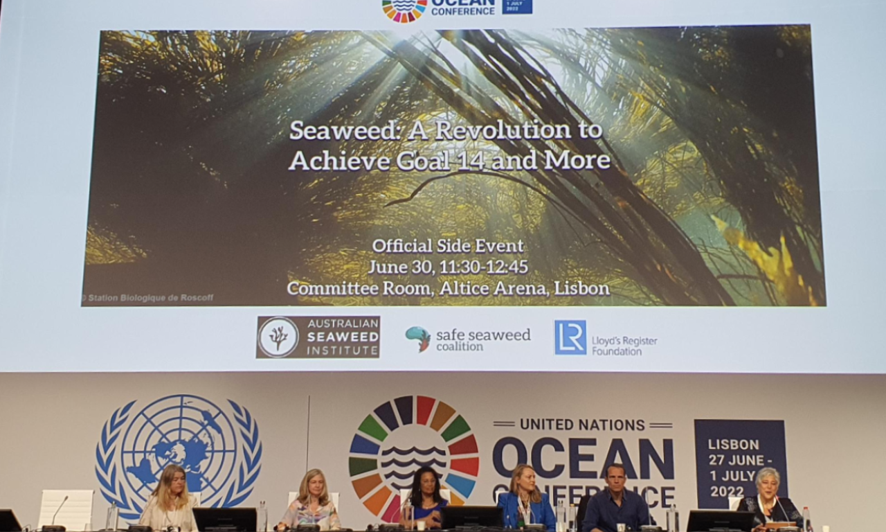 Shakuntala Haraksingh Thilsted (middle), Vincent Doumeizel (second from left), and other members of the Safe Seaweed Coalition presenting in a side session during the 2022 UN Ocean Conference in Lisbon, Portugal. Photo by Ben Wismen.