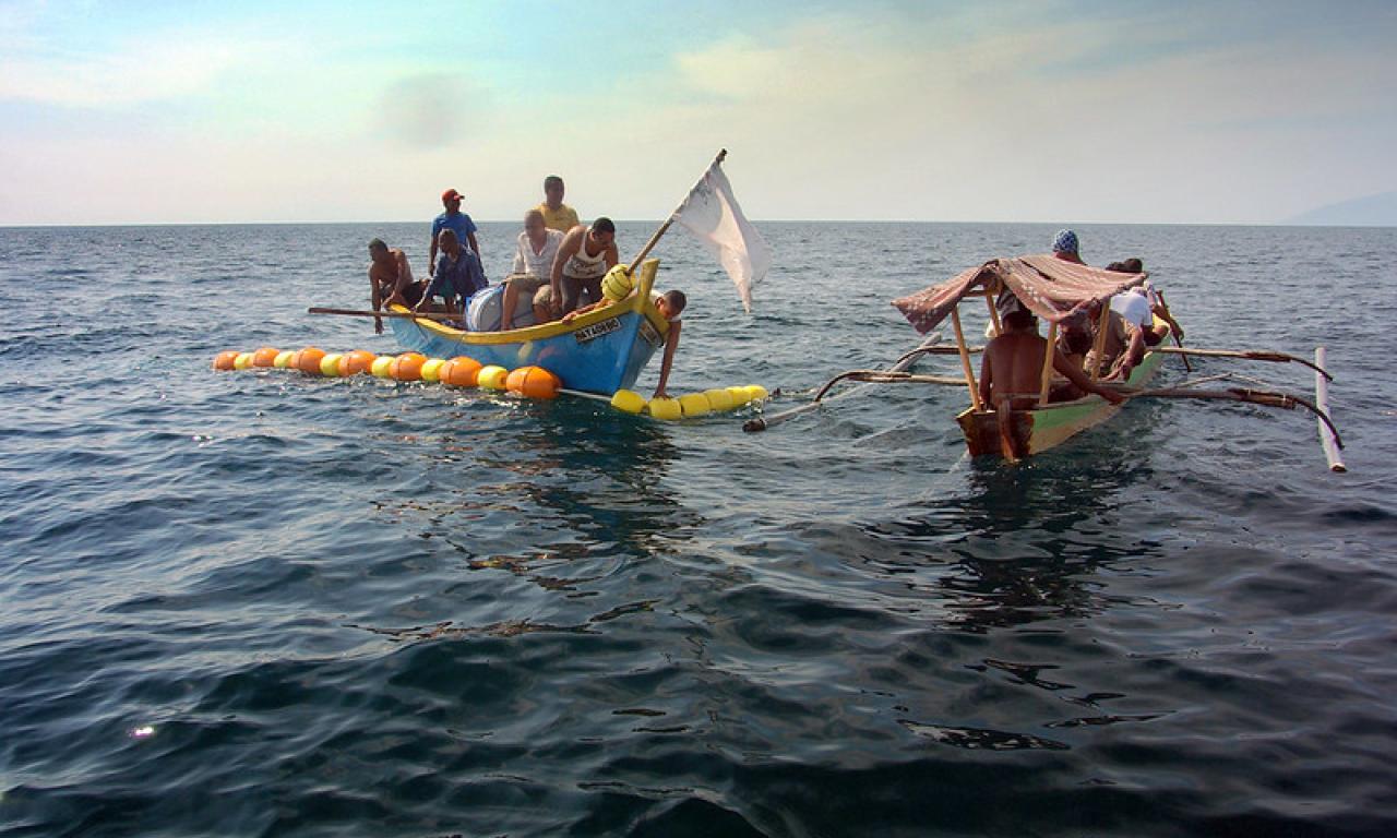 Local fishers in Timor Leste check a fish aggregating device moments after heavy concrete anchors have been dropped to a depth of 300m Photo by Dave Mills/WorldFish. 