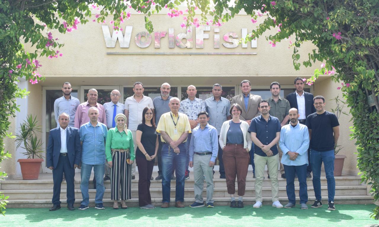 A group photo for the participants of the technical workshop on foresight modeling of Egypt, WorldFish, Abbassa, Abu-Hammad, Sharqia, Egypt. Photo by Menna Mosbah, Gender Expert and Communications Representative. 