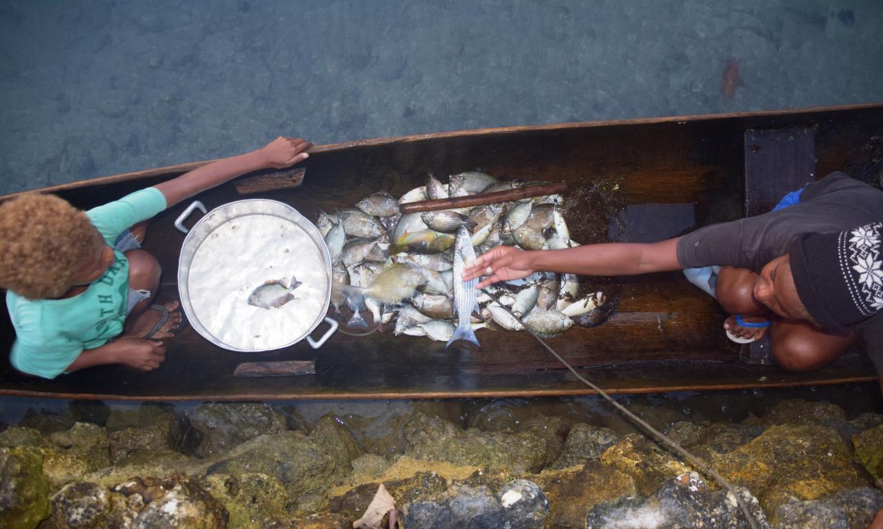 Children with fish in Lau Lagoon, Solomon Islands. Photo by Jan van der Ploeg