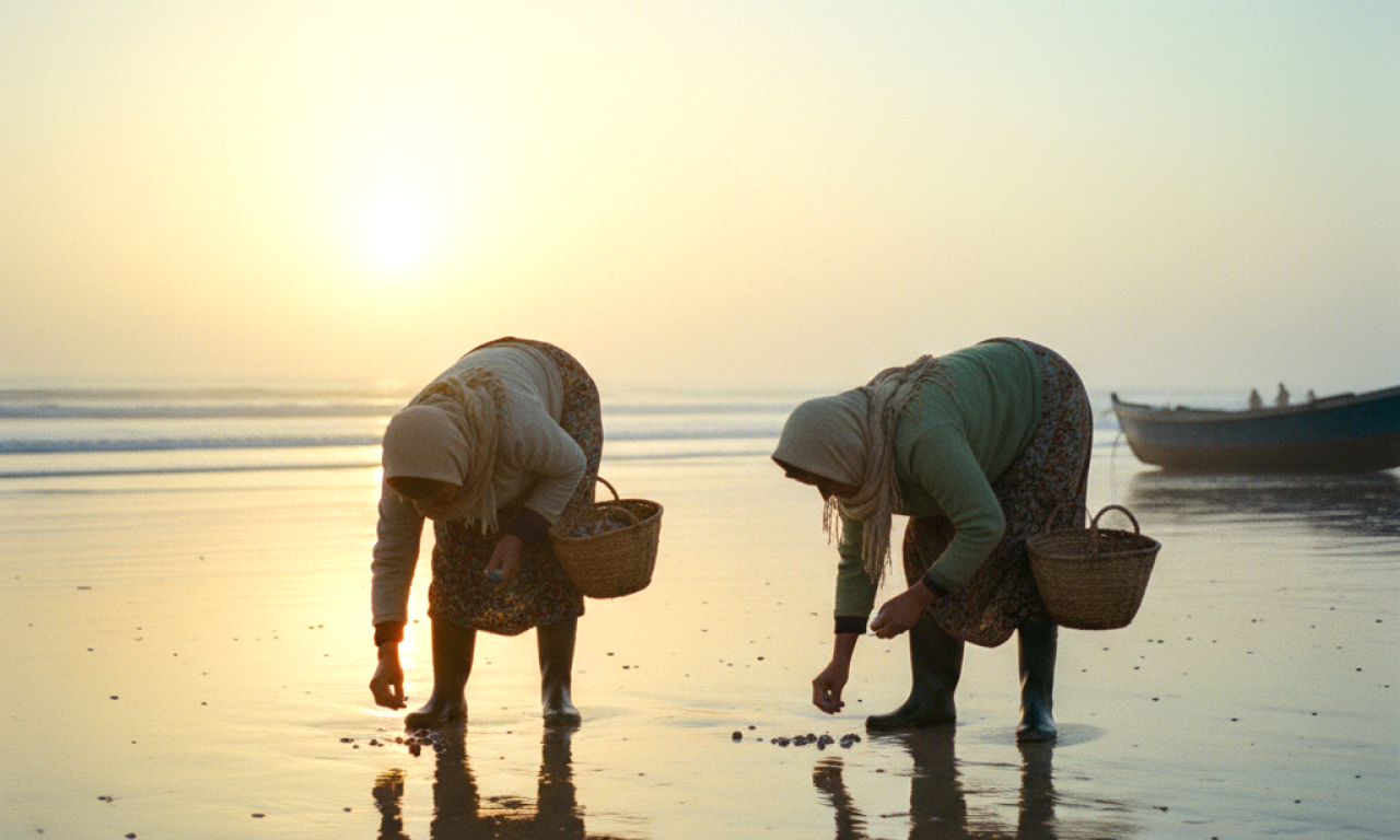 Two small-scale Moroccan fisherwomen doing gleaning activities at Atlantic coastline in Morocco. Photo by Menna Mosbah, Gender and social inclusion consultant, WorldFish, Egypt. 2024. Edited by Photoshop.