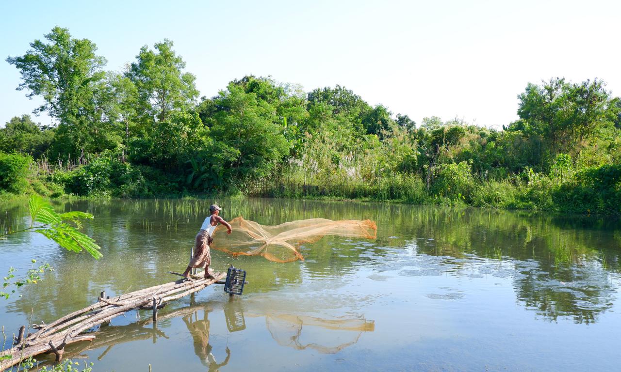 Fish farmer U Zaw Zaw casts his net in the Mandalay region of Myanmar. Photo by Kyaw-Win-Khaing.