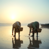 Two small-scale Moroccan fisherwomen doing gleaning activities at Atlantic coastline in Morocco. Photo by Menna Mosbah, Gender and social inclusion consultant, WorldFish, Egypt. 2024. Edited by Photoshop.